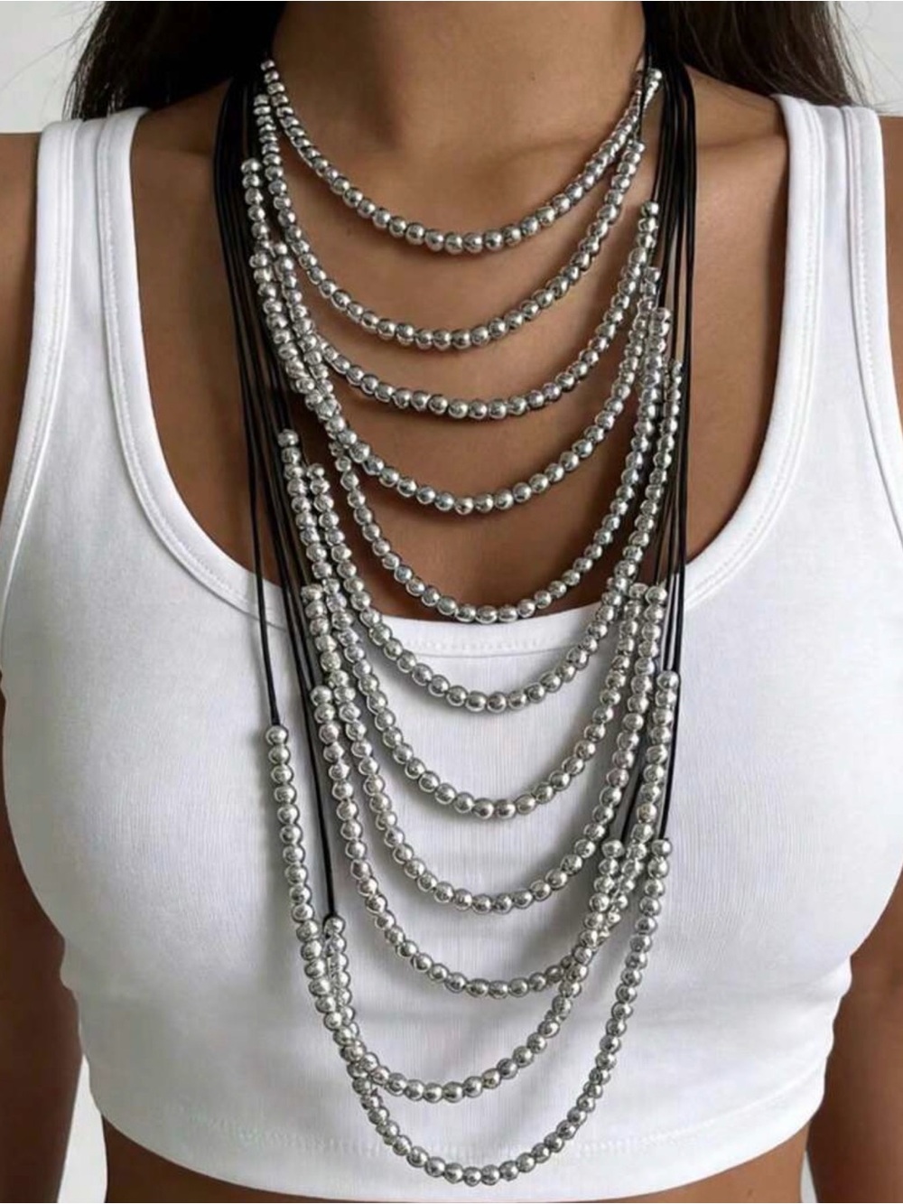 Multi-Strand Silver Bead Necklace with Black Cord - Women Jewelry